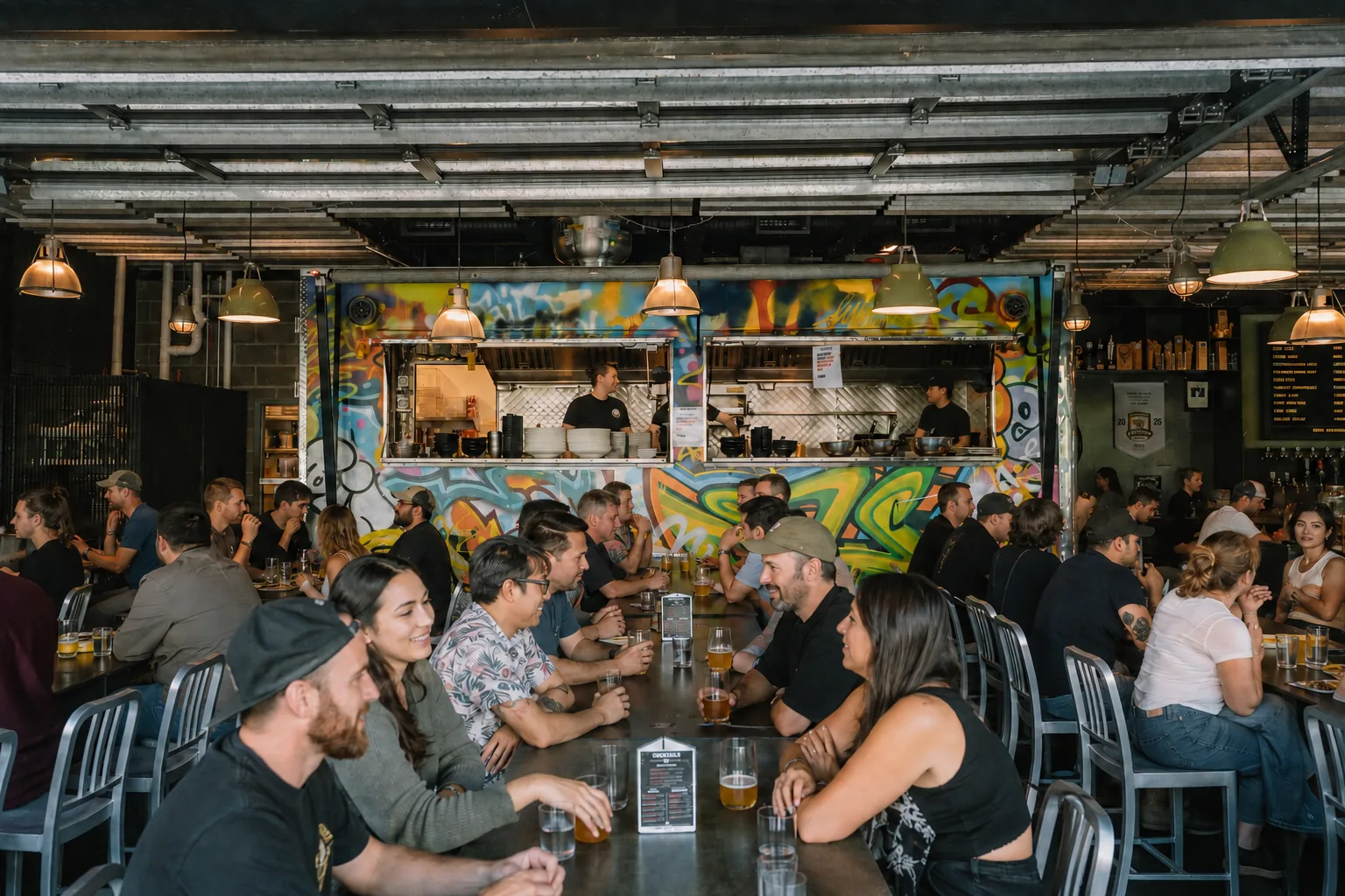 A busy Parallel 49 Street Kitchen — communal tables full of guests, with cooks working the pass of the graffiti-covered indoor food truck